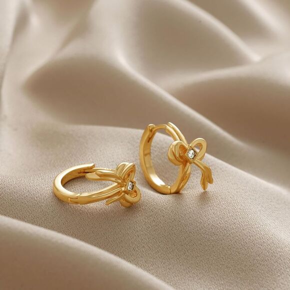 14K Gold Plated CZ Bow Huggie Hoop Earrings Dainty Tiny Hoops Gift for Women - Picture 4 of 6